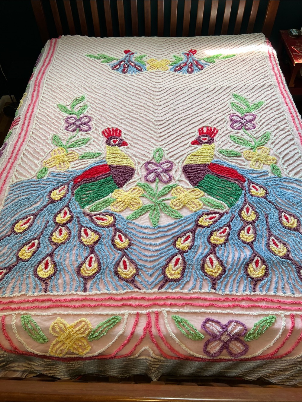 Double Peacock Vintage Queen Chenille Bedspread